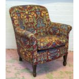 ARMCHAIR, 78cm H x 68cm W, Edwardian mahogany in strawberry thief fabric after Morris & Co.