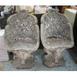 GARDEN ARMCHAIRS, 88cm H x 54cm W, a pair, reconstituted stone. (2)