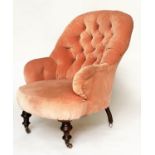 VICTORIAN ARMCHAIR, buttoned apricot velvet upholstery with ebonised polished supports, 72cm W.
