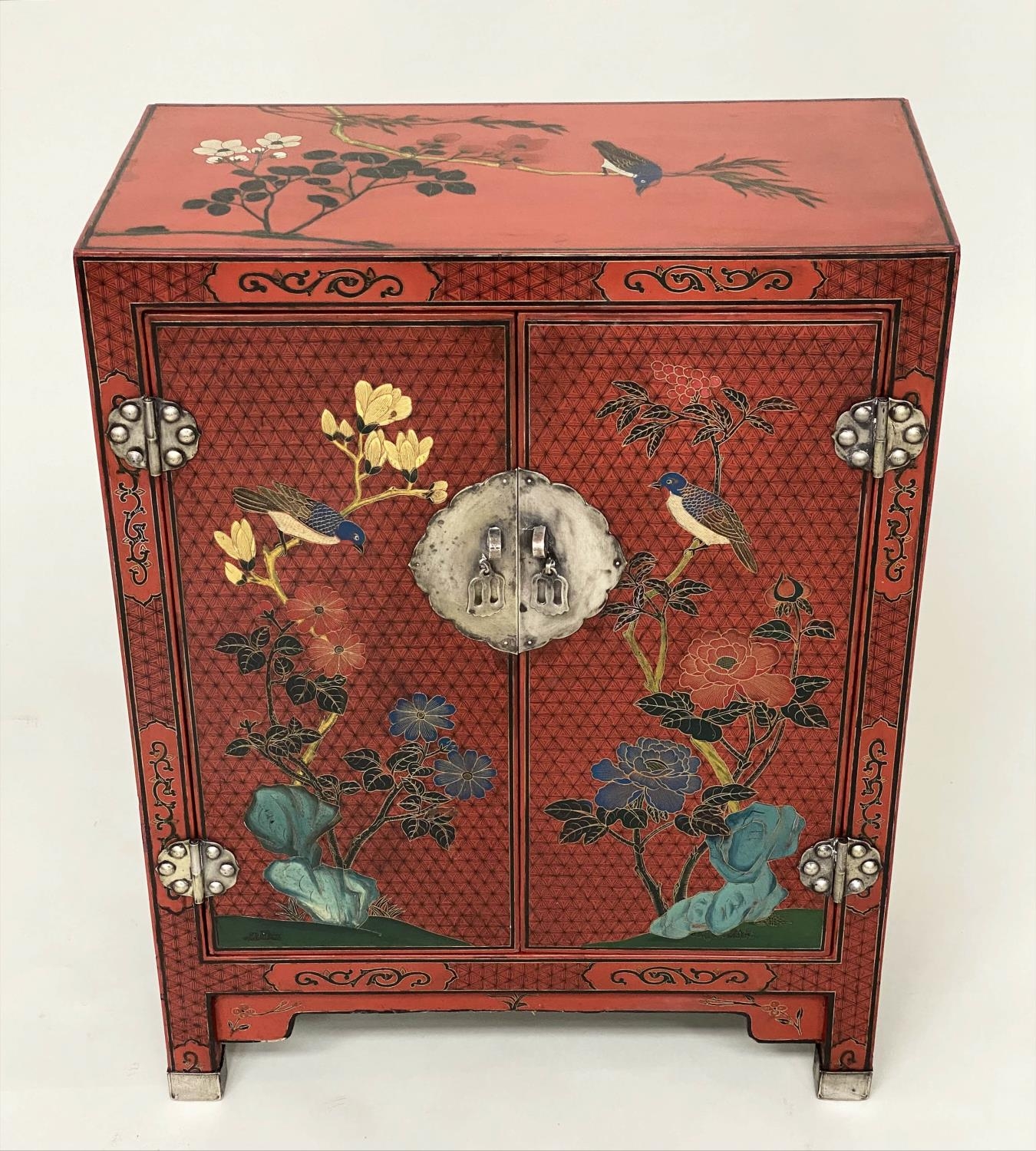 CHINOISERIE CABINET, Chinese scarlet lacquered and gilt decorated with two doors, 59cm x 28cm x 77cm - Image 2 of 12