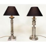 COLUMN LAMPS, two silvered metal fluted column, with stepped base together with a continental