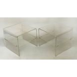 LUCITE LAMP TABLES, a pair, rounded square each with shelf, 45cm x 45cm x 40cm H. (2)