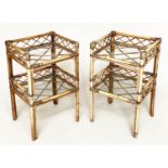 BAMBOO LAMP TABLES, a pair, bamboo framed, glazed and cane bound with two galleried tiers, 42cm x