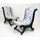 SLIPPER CHAIRS, a near pair, 19th century Aesthetic movement with delft design blue and white