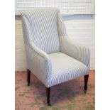 WING ARMCHAIR, 101cm H x 62cm W, Edwardian mahogany and boxwood strung in ticking upholstery with