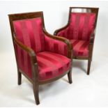 BERGERES, a near pair, each 60cm x 93cm H, Restauration period, circa 1820, in striped red fabric