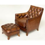 ARMCHAIR AND STOOL, deep buttoned mid brown leather and brass studded upholstered with swept