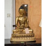 SEATED BUDDHA WITH OFFERING BOWL, polished metal, 71cm H.