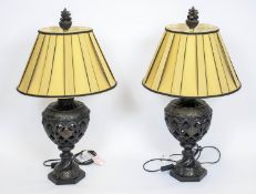 TABLE LAMPS, 83cm H x 43cm, a pair, bronzed resin, urn form with pleated shades. (2)