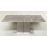 LOW TABLE, rectangular variegated grey/white marble raised upon a steel base, 110cm x 42cm H x 60cm.