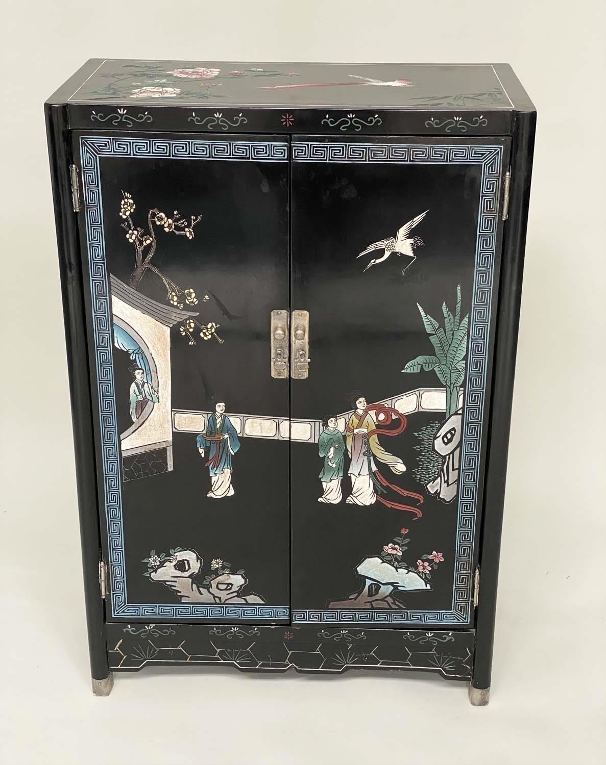 CHINESE SIDE CABINET, lacquered with incised polychrome Chinoiserie decoration and two panel