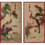 CHINESE SILK PANELS, two similar, early 20th century, each depicting a colourful bird of paradise on