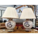 TABLE LAMPS, a pair, Chinese Export ceramic, with pleated shades, 64cm H. (2)