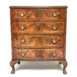 BOWFRONT CHEST, Queen Anne style burr walnut and crossbanded with four long drawers. 62cms Wide,