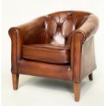 TUB ARMCHAIR BY THOMAS LLOYD, buttoned tan leather with arched back and rounded arms, 78cm W.