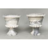 MARBLE URNS, a pair, carved urns with ram's mask and swag foliate decoration, 40cm W x 40cm H. (2)
