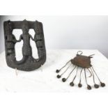 BENIN BRONZE WARRIOR PLAQUE, along with a nupe bronze purse with bells, plaque 30cm H. (2)