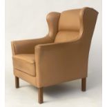 WING ARMCHAIR, Danish, piped mid brown leather upholstered, with teak supports, 75cm W.