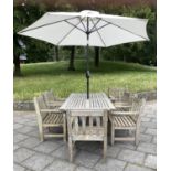 GARDEN TABLE AND CHAIRS, well weathered teak with rectangular table by Lister together with six flat