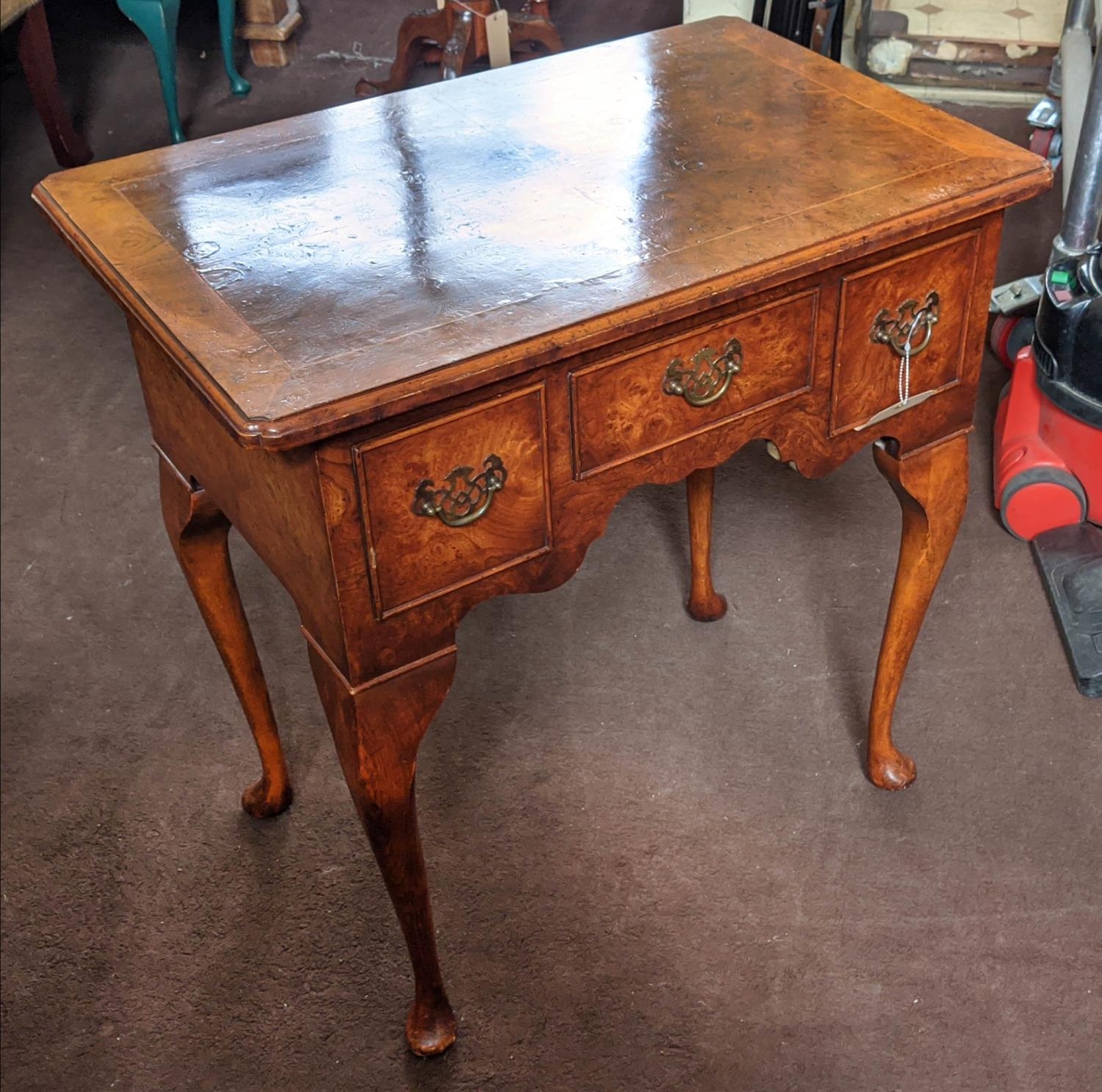 QUEEN ANNE STYLE LOWBOY, burr elm, fitted with three drawers, raised on cabriole legs, 70cm H x 69cm - Bild 2 aus 6