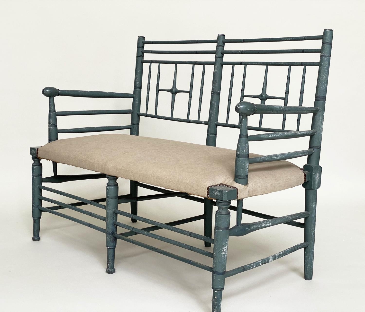 ARTS AND CRAFTS BENCH, early 20th century linen upholstered with painted Sussex style frame, 112cm