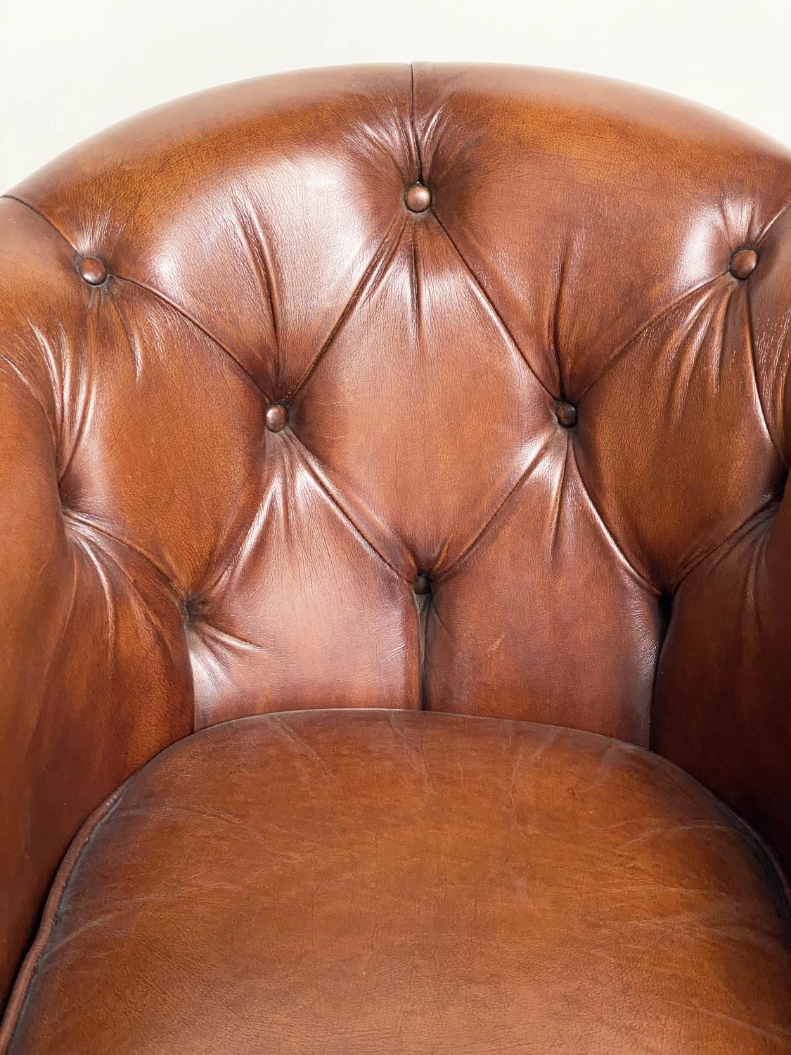 TUB ARMCHAIR BY THOMAS LLOYD, buttoned tan leather with arched back and rounded arms, 78cm W. - Image 3 of 6