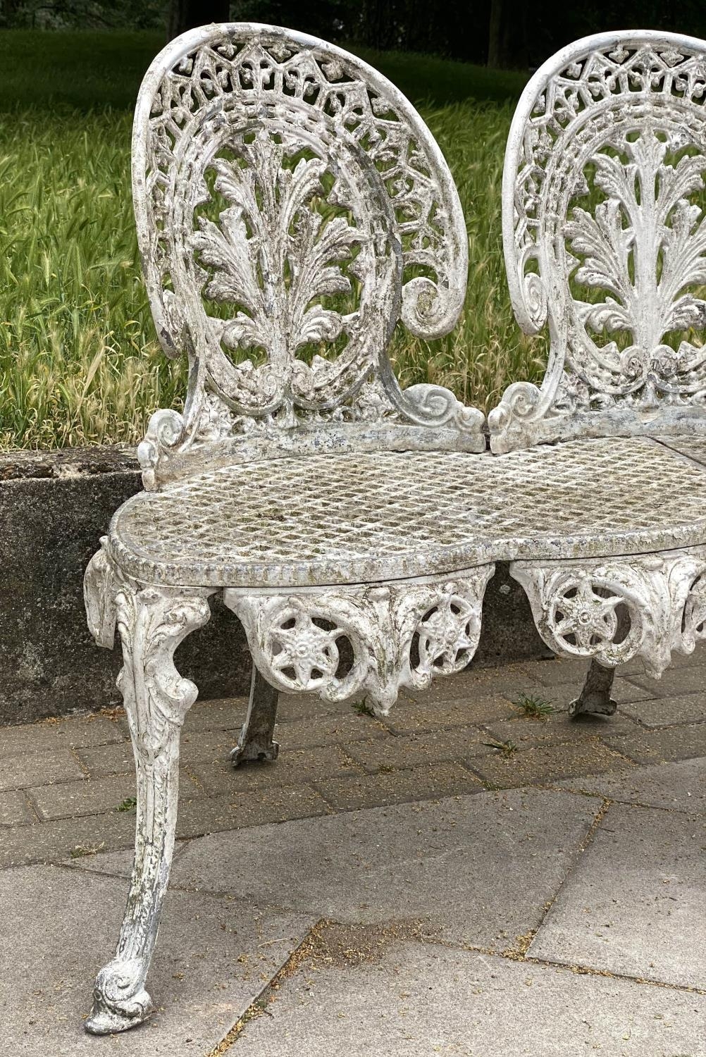 GARDEN BENCH, well weathered cast aluminium white painted and pierced, 135cm W. - Image 5 of 6