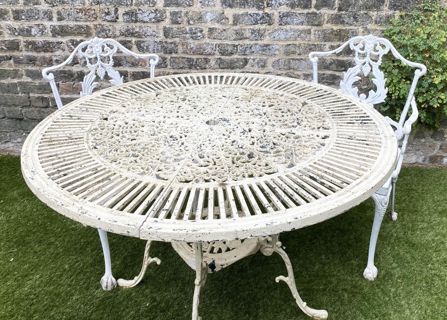 GARDEN TABLE AND CHAIRS, weathered painted cast aluminium circular pierced with two matching chairs, - Image 4 of 5