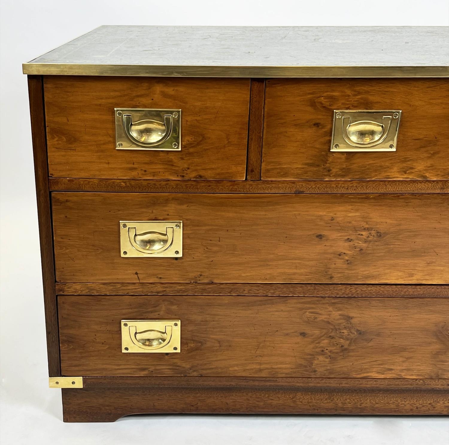 CHEST, 56cm H x 92cm x 62cm, yewwood and brass bound with green leather top above five drawers. - Bild 2 aus 3