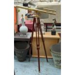 TELESCOPE, gilt metal, on tripod stand, 198cm H at tallest.