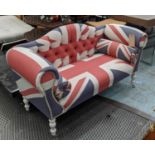SOFA, 140cm W, button back Victorian style, upholstered in a union jack printed upholstery.