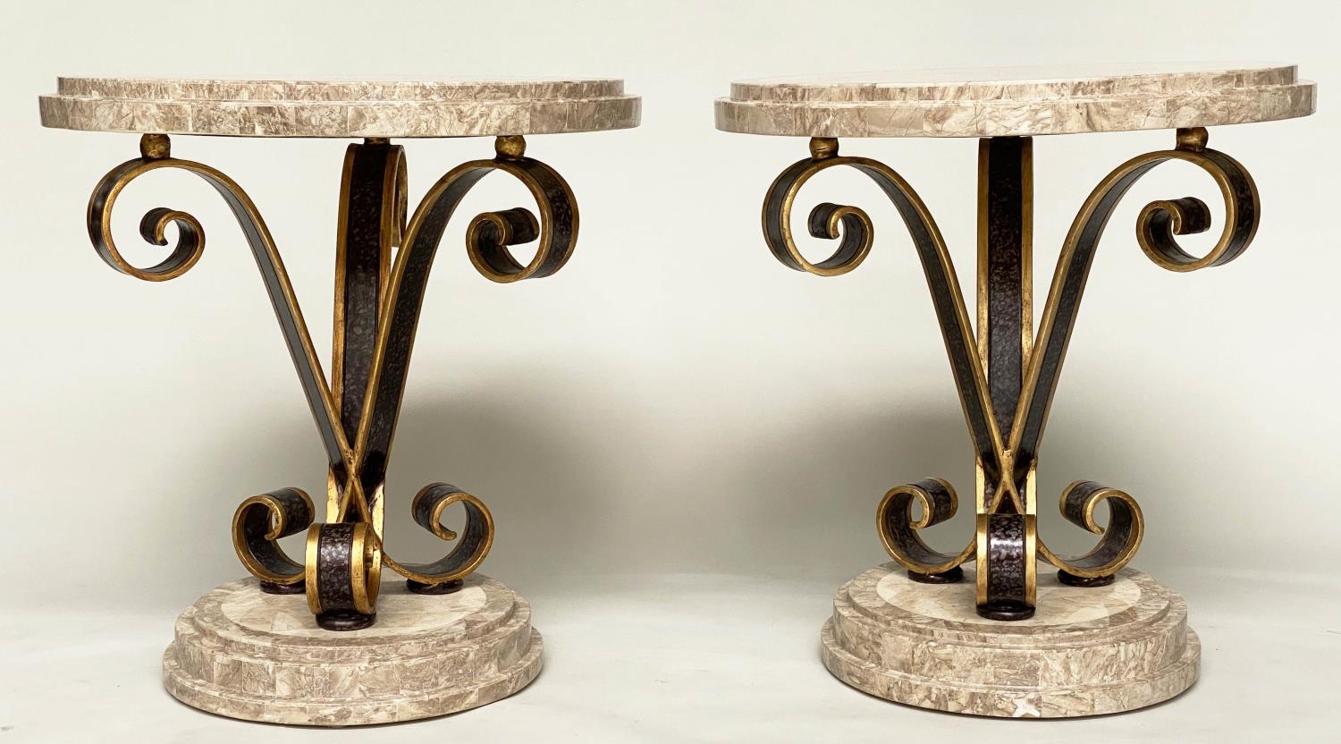 OCCASIONAL/LAMP TABLES, a pair, circular with stepped and blocked two tone travertine marble top and - Image 10 of 10