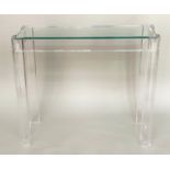 LUCITE CONSOLE TABLE, contemporary rectangular glazed with lucite supports, 87cm W x 30cm D x 76cm