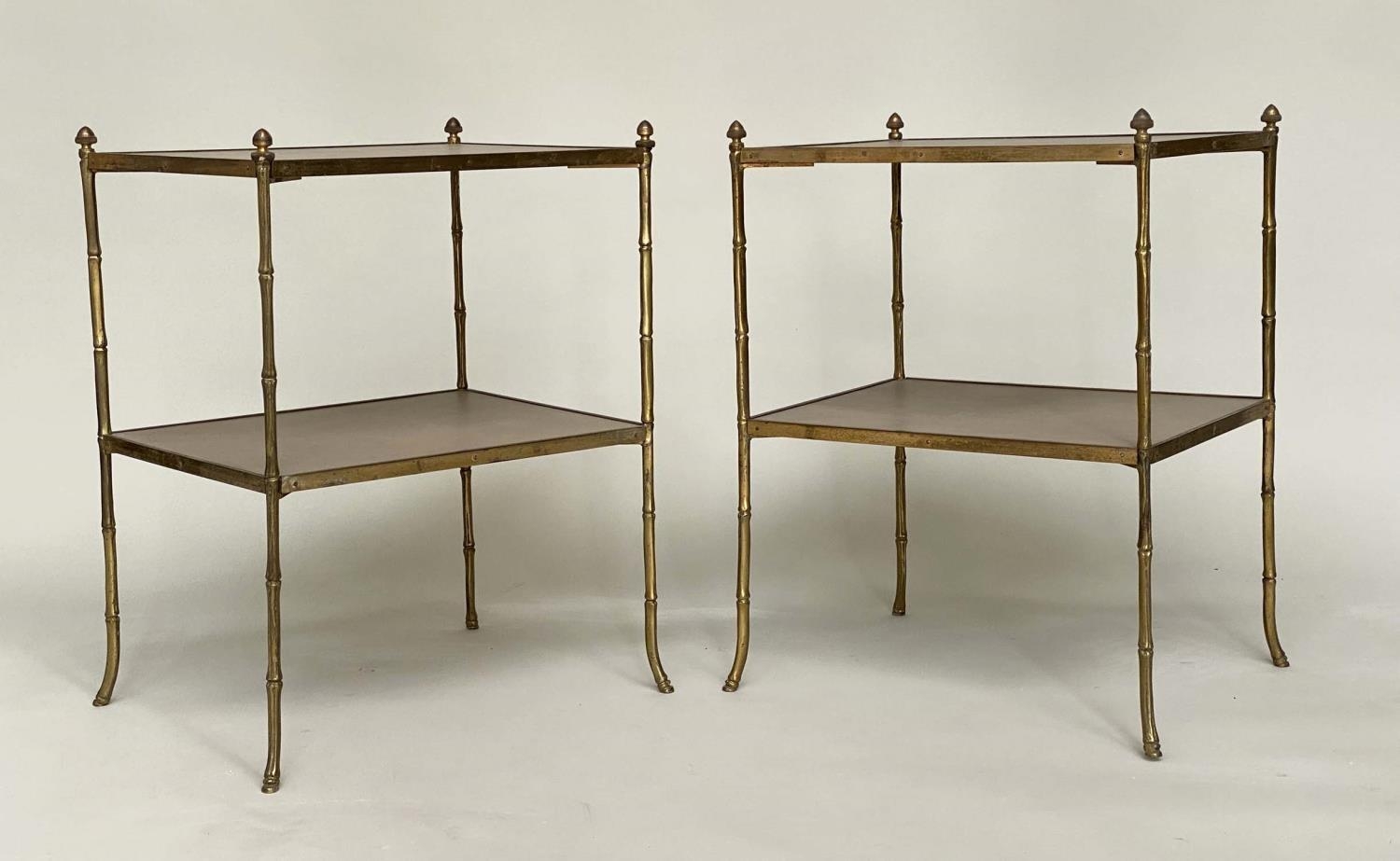 FAUX BAMBOO ETAGERES, a pair, early 20th century Regency style, gilt metal framed each with two - Bild 2 aus 8