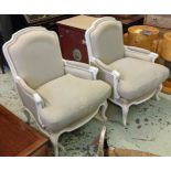 COACH HOUSE ARMCHAIRS, a pair, grey fabric upholstered with white painted frames, 70cm x 66cm x