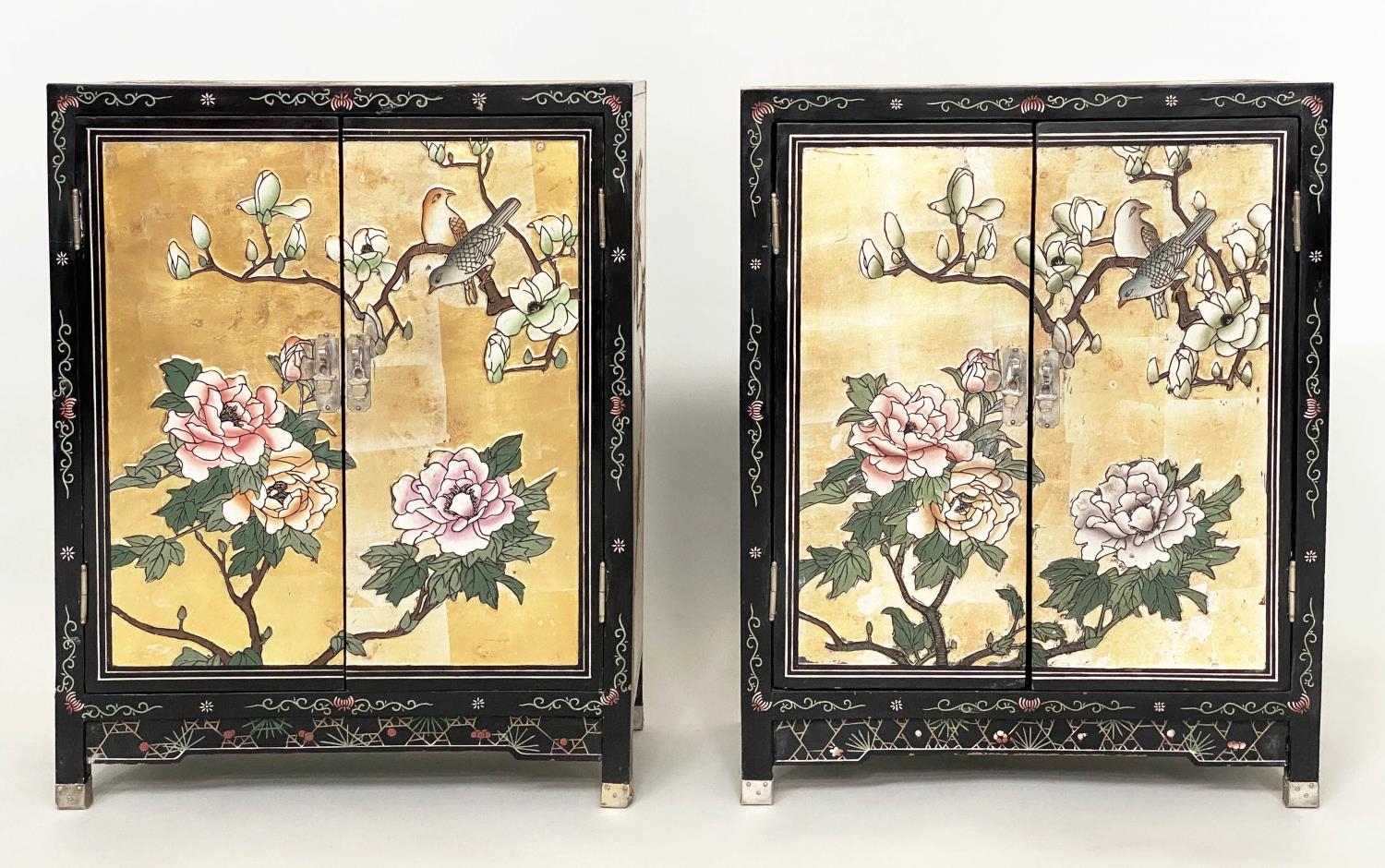 CHINESE CABINETS, a pair, with gilt polychrome Chinoiserie decoration, birds and blossom each with