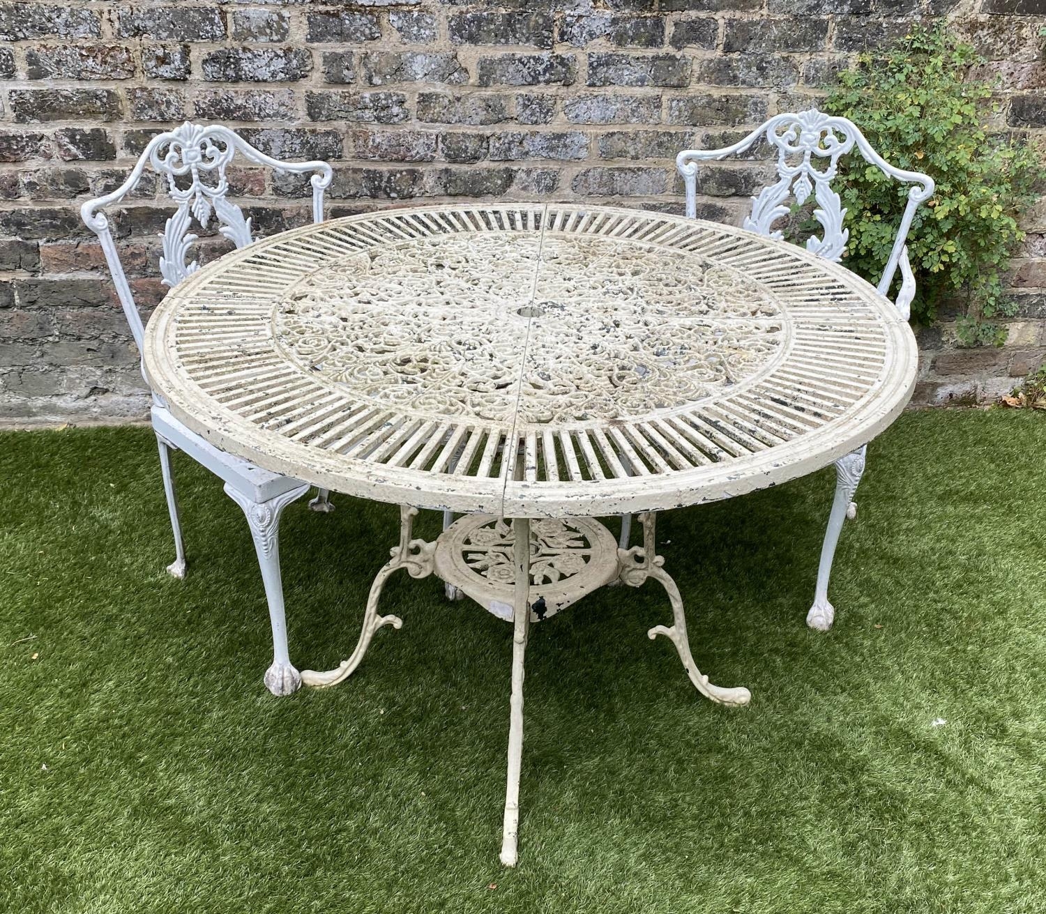 GARDEN TABLE AND CHAIRS, weathered painted cast aluminium circular pierced with two matching chairs, - Image 5 of 5