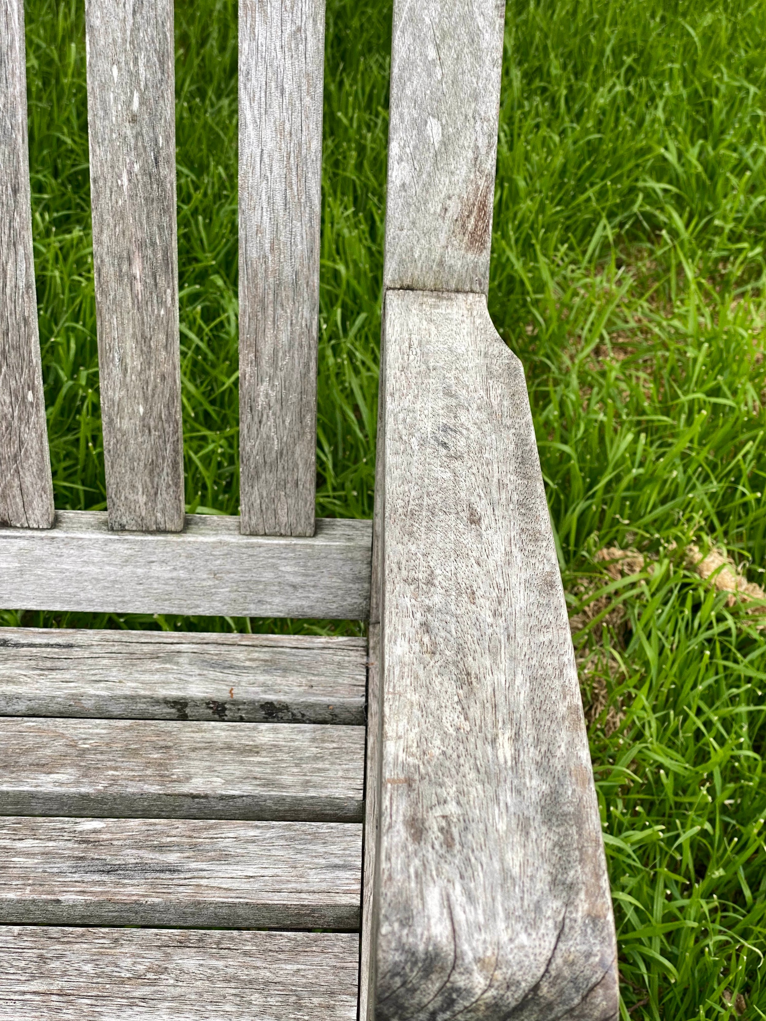 GARDEN BENCH, weathered teak of slatted construction with shaped back and scroll arms, 152cm W. - Image 6 of 7