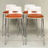 ALLERMUIR BAR STOOLS, a set of four, white moulded metal framed and orange seat pads, 97cm H. (4)