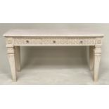 CONSOLE TABLE, Italian grey painted Neo Classical style with fluted tapering supports, 151cm W x