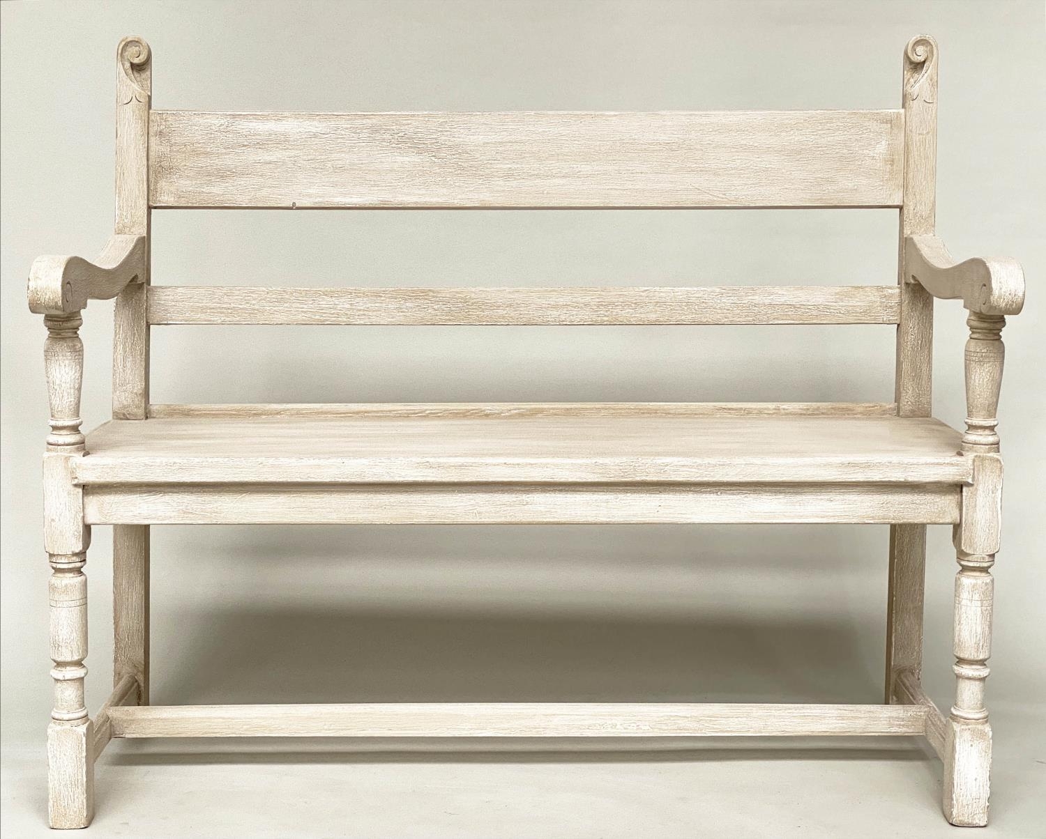 HALL BENCH, antique grey painted with scroll carved detail and turned supports, 118cm W x 32cm D x