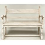 HALL BENCH, antique grey painted with scroll carved detail and turned supports, 118cm W x 32cm D x