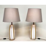 TABLE LAMPS, a pair, opaline and amber glass with shades, 64cm H. (2)