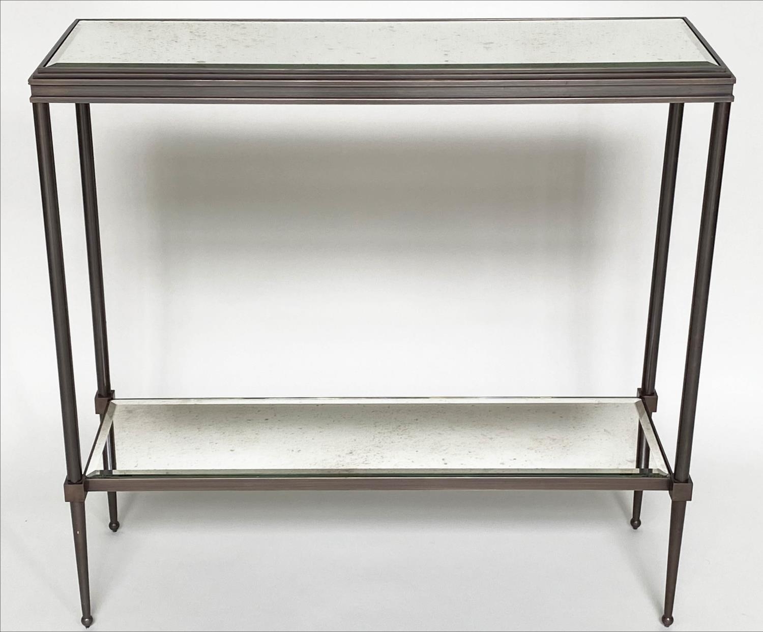 CONSOLE TABLE, Art Deco style bronze forged metal with two tier glass shelves, 80cm W x 25cm D x