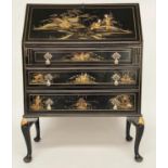 CHINOISERIE BUREAU, Queen Anne style, early 20th century lacquered and gilt Chinoiserie decorated