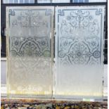 GLASS PANES, 120cm x 61cm and 119cm x 61cm, two with etched decoration. (2)