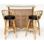 BAR STOOLS, a pair, rattan and cane bound with raised backs, footrests and soft pad seats together