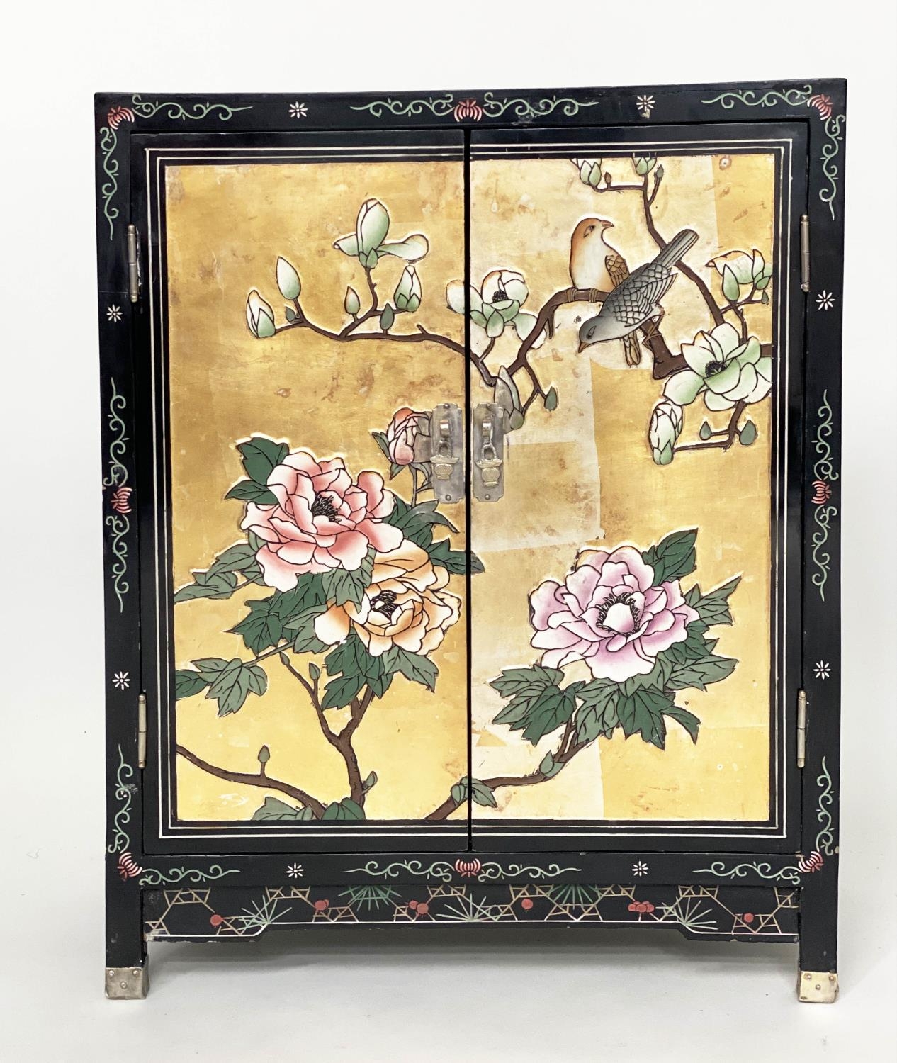 CHINESE CABINETS, a pair, with gilt polychrome Chinoiserie decoration, birds and blossom each with - Bild 8 aus 8