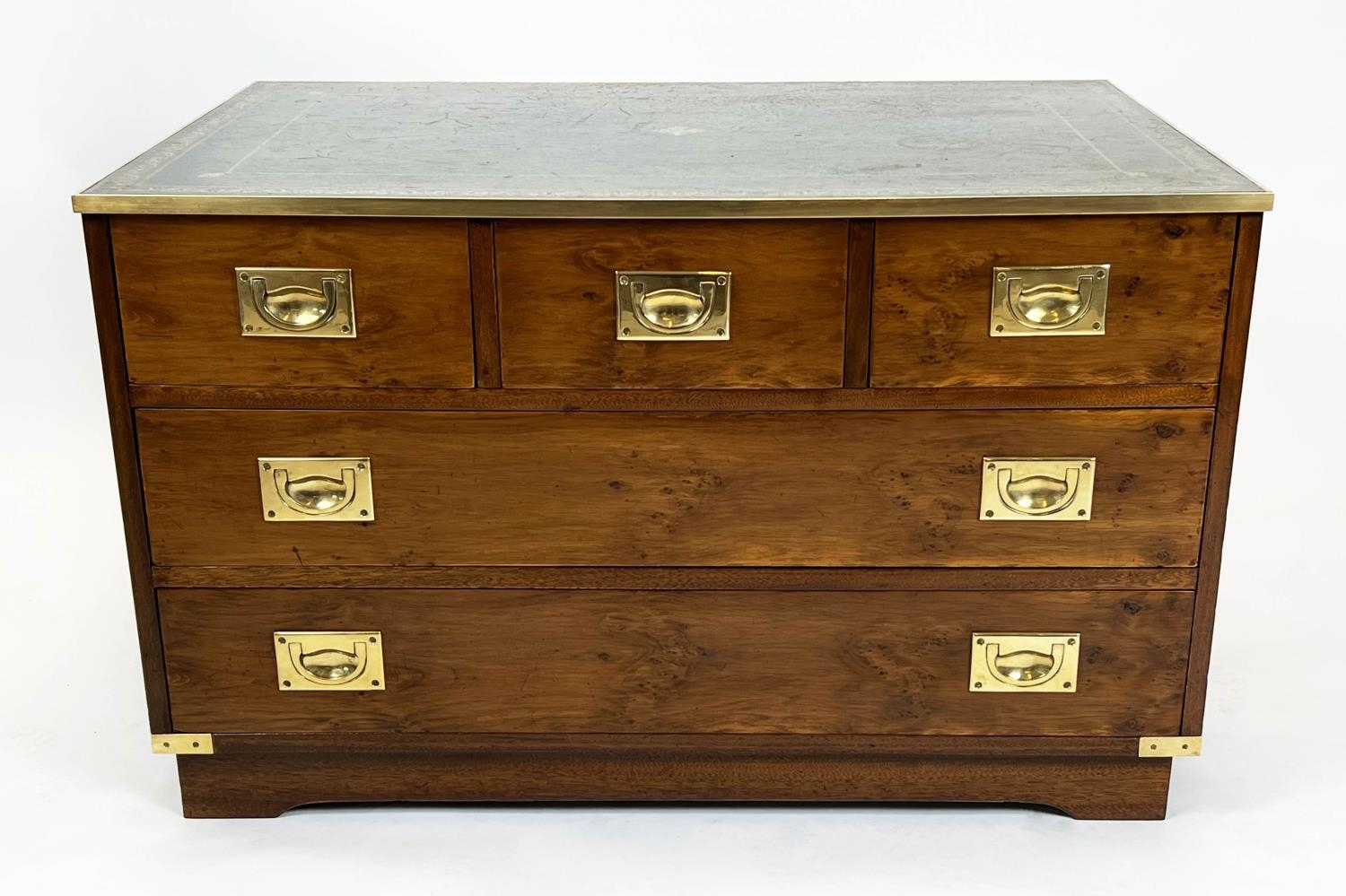 CHEST, 56cm H x 92cm x 62cm, yewwood and brass bound with green leather top above five drawers.