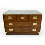CHEST, 56cm H x 92cm x 62cm, yewwood and brass bound with green leather top above five drawers.